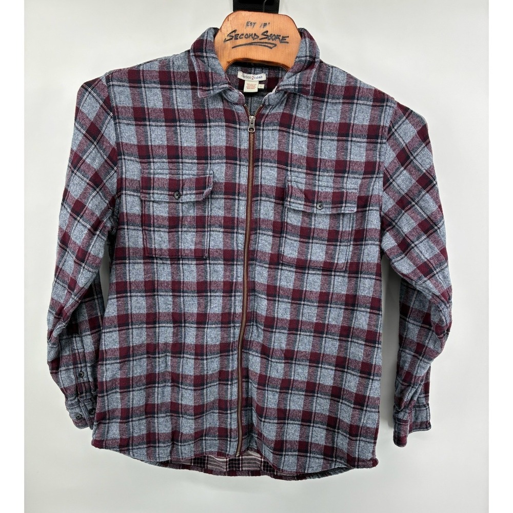 Carbon 2 Cobalt Mens Large Full Zip Flannel Shirt Jacket Plaid Burgundy Grey L - Picture 2 of 9